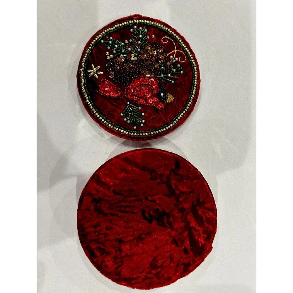Vintage Velvet Trinket Jewelry Box Keepsake Red Cardinal Beaded Bird Pinecone 5
